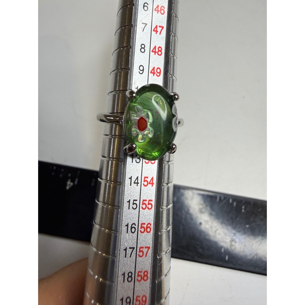 Green Millefiori Glass Ring Silver Tone Floral Cabochon Statement Size 5.5